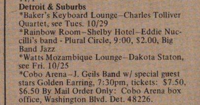 J. Geils band with Mountain and Golden Earring ad Ann Arbor Sun newspaper October 25 1974